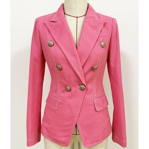 2021 Spring Fashion womens slim Pink color blazer jackets High quality Double-breasted Denim coat C258