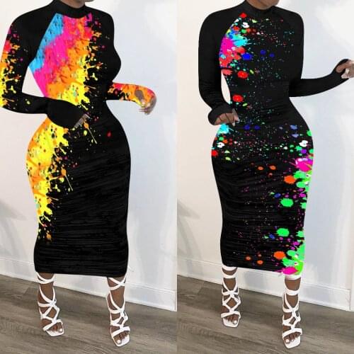 Plus Size Long Dress S-4XL Graffiti Printed Long Sleeve Sundress Bodycon Maxi Runway Summer Autumn Women Dress Streetwear 2021