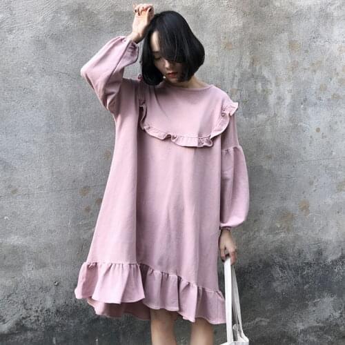 2020 New Spring Summer Dress O-Neck Long Sleeve Solid Lotus leaf Big Hem Irregular Loose Bandage Dress Women Fashion Tide