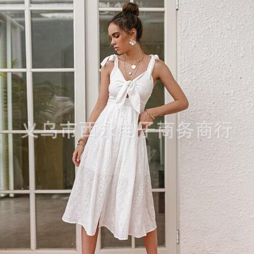 Donsignet Fashion New 2021 White Bow Hollow Out Spaghetti Strap Dresses for Women Beach Sexy Backless Dress for Women