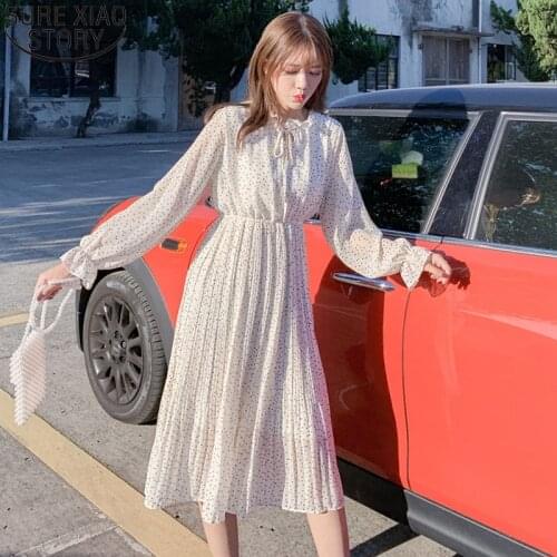 Korean Midi Long Dress Flare Sleeve Floral Chiffon Dress Black Dot Print Dress 2021 Spring Women Long Sleeve Elegant Robe 13196