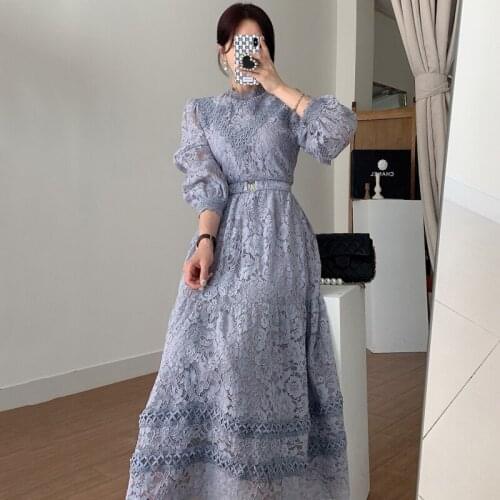 2021 New Arrival Elegant Runway Crochet Lace Dress Womens Lantern Sleeve Stand Collar A Line Long Dress With Belt vestidos