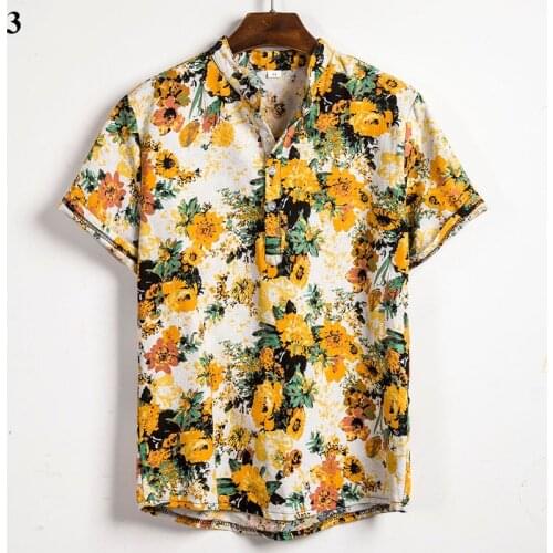 2021 New Men Linen Cotton Short Sleeve Shirt Summer Floral Loose Baggy Casual Shirts Tops Holiday Beach Mens Hawaii Shirts