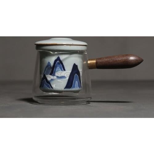 Antique blue and white distant mountain glass sandalwood wood handle teapot ceramic stainless steel filter hole household teapot