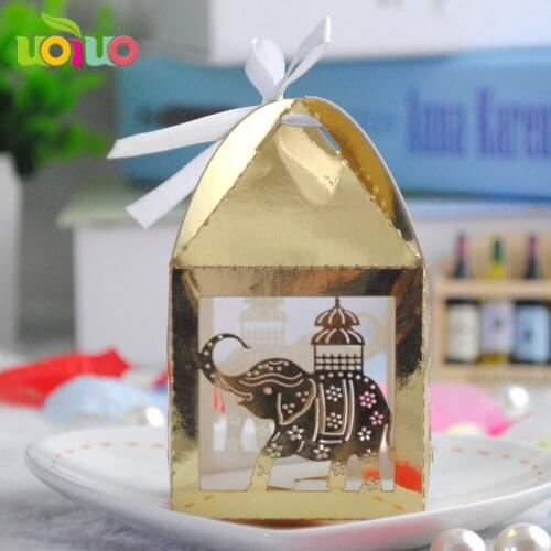 Free logo newest design luxury favor laser cutting elephant handmade wedding candy box metallic gold paper wedding box