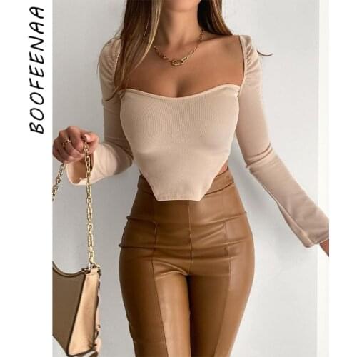 BOOFEENAA Elegant Sexy Solid Square Neck Long Sleeve T Shirts for Women Tops and Bloues Spring 2021 Ribbed Crop Top C85-AI17