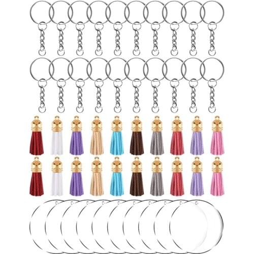 Keychain Acrylic Transparent Circle Blanks Tassels Set Key Rings With Chain Jump Rings And Tassel DIY Craft Accessories
