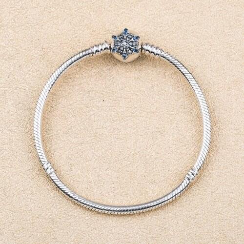 925 Sterling Silver Crystalized Snowflake Clasp Snake Chain Pan Bracelets Bangle Fit Women Bead Charm Diy Europe Jewelry