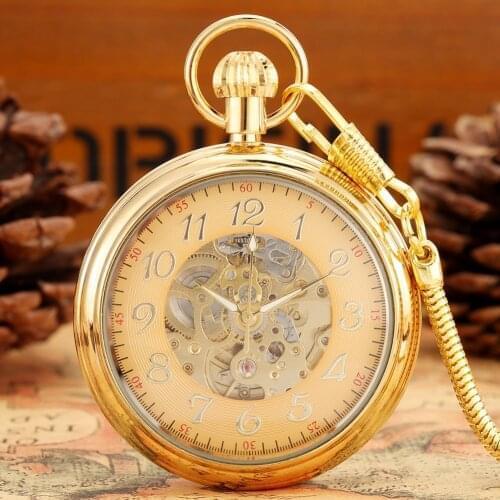Elegant Golden Automatic Mechanical Pocket Watch Men Without Cover Numerals Watch Face Durable Thick Chain Pendant Gifts For Mom