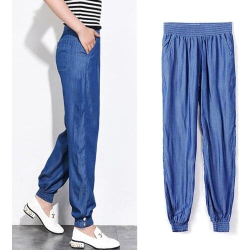 2020 Tencel Jeans Women Loose Thin High Waist Elasticated Waist Pants Summer Large Size Harlan Wide Leg Cowboy Denim Pants W1922