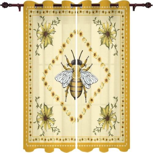 Idyllic Sunflower Bee Modern Curtains for Living Room Luxury Window Treatments Bedroom Kitchen Curtains Drapes