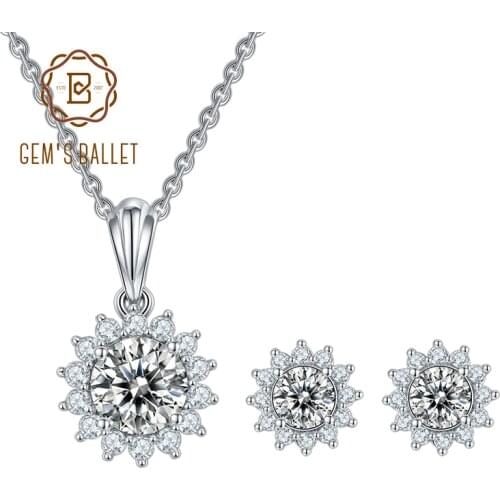 GEMS BALLET 925 Sterling Silver Moissanite Sun flower Jewelry Set Moissanite Diamond Pendant Necklace Earrings Set For Women