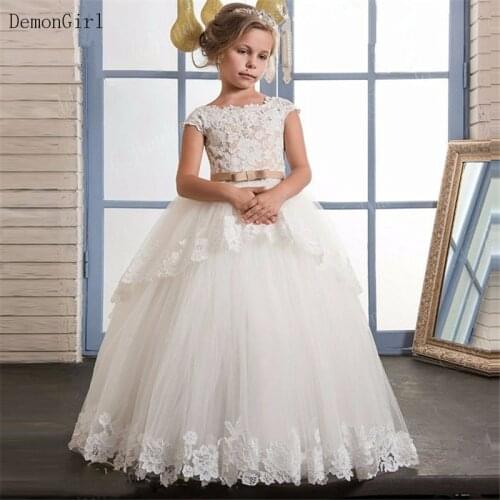 Ivory White Lace Flower Girls Dresses For Wedding Puffy Tulle Girls First Communion Dresses Custom Made
