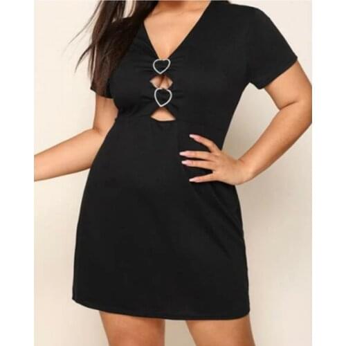 Mini Black Dress 2021 Plus Size Knit Hollow Sexy V Neck Short Sleeve Skirt Pure Color Urban Casual Plus Women Clothing