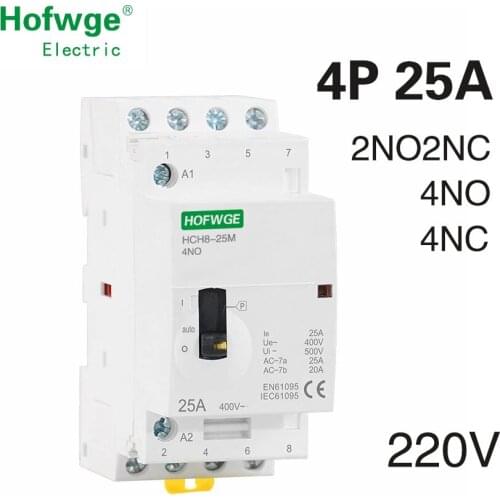 HCH8-25M 4P 25A 220V Din Rail Household AC Modular Contactor With Manual Control Switch 4NO 2NO2NC or 4NC