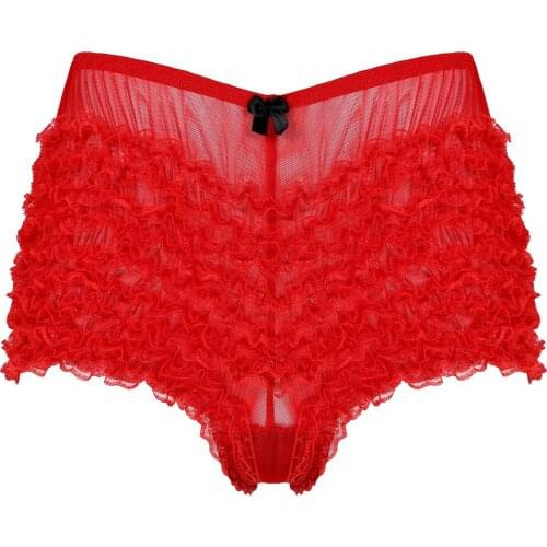 Mens Lace Ruffle Bowknot Underwear Semi-see Through Boxer Briefs Sissy Gay Underpants Solid Color Elastic Waist Undershorts