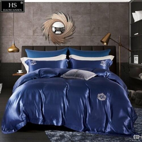 Sapphire Blue 26Momme Mulberry Silk Bedding Sets Yarn Dyed Embroidery Duvet Cover Bed Sheets Pillowcase Fiber Queen Pure Color