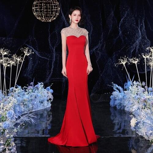 New Arrival 2020 Jewel Collar Red Evening Dresses Long Cap Sleeves Mermaid Formal Evening Gowns for Party