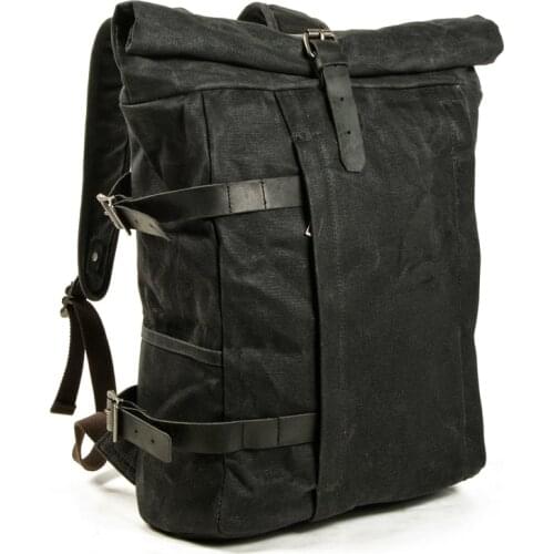VZVA Classic Black Canvas Leather Backpacks Travel Laptop Backpack Casual Daypacks Hiking Rucksack