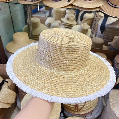 New Natural Straw Hat For Women Summer Fringed Wide Brim Hat Beach Sun Hat Ladies Panama Flat Top Travel Hat Kentucky Derby Cap