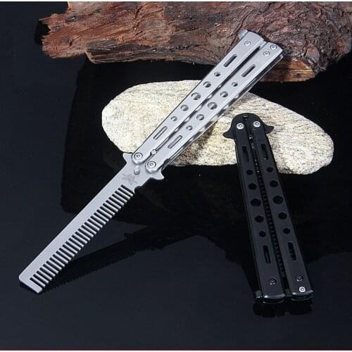 Foldable Comb Stainless Steel Practice Training Butterfly Knife Comb Beard & Moustache Brushes Hairdressing Styling Tool