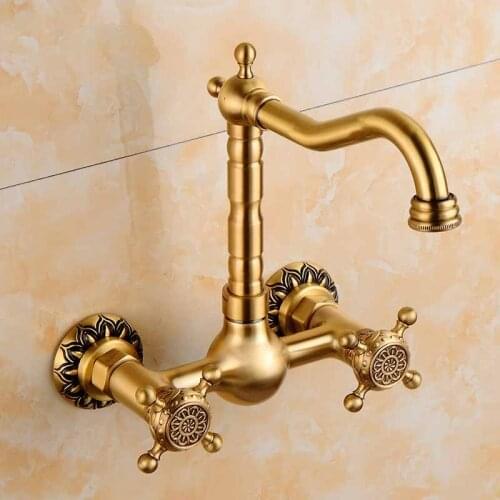 Basin Faucets Antique Bronze Brushed Brass Bathroom Kitchen Faucet Swivel Wall Mounted Dual Handle Hot and Cold Mixer Taps
