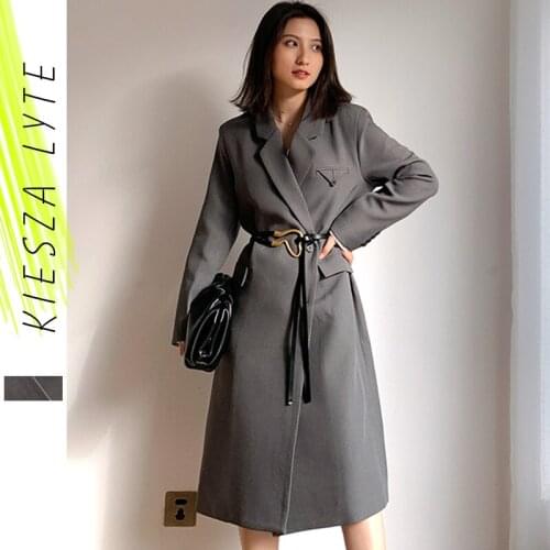 Women Windbreaker Minimalist Trench Elegant Coats Spring 2021 New Vintage Solid Grey French Long Suit Jacket Female Clothing