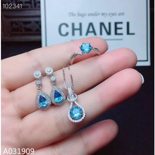 KJJEAXCMY boutique jewelry 925 sterling silver inlaid Natural blue Topaz Necklace Ring Earring Suit Support Detection popular
