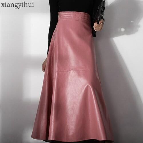 Pink Elegant Temperament Pu Leather Skirt Winter Fashion High Waist Women Faux Leather Long Skirts Ladies Casual A Line Skirts