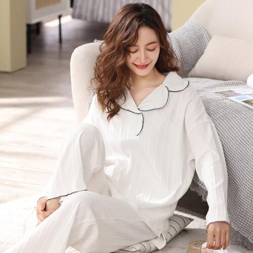 Pajamas for Women 100% Cotton Set White Pijama Turn-down Collar Nightwear Cotton Sleepwear Women 2021 Korean Loose Pyjama Femme