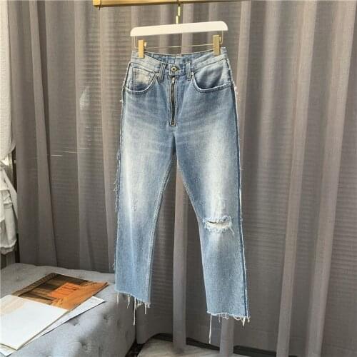 Womens Ankle-length Jeans Frayed Hem High Waist Female Pencil Denim Pants