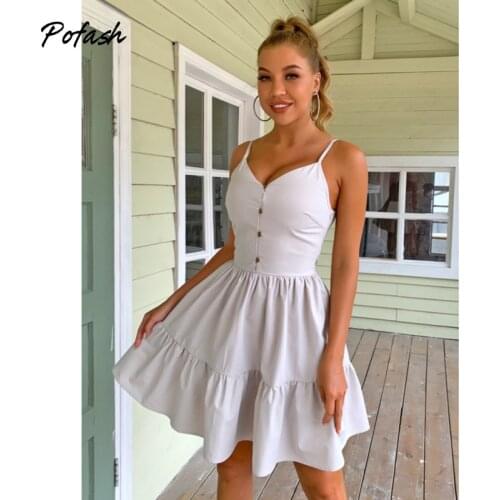 Pofash Spaghetti Strap Button Summer Dresses For Women Clothing V Neck Sexy Backless Mini Dress Female Party Club Vestidos 2021