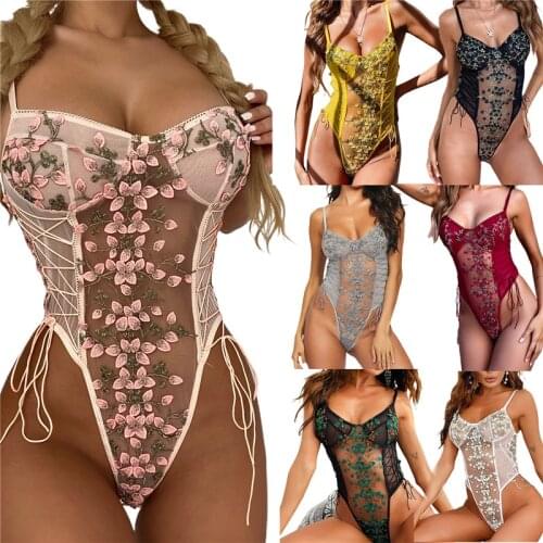Women Sexy Lace Mesh See-Through Embroidery Strappy Bodysuit One piece Black/white/grey/green/burgundy/yellow/Pink