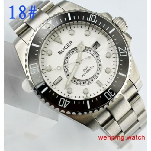 43mm Bliger white Dial Sapphire Glass GMT Second time zone Luminous Mark Romantic Sweet Automatic Movement mens Watch