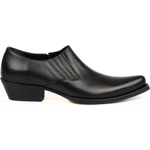 FootCourt- Black Western Men Cowboy Boots Genuine Leather High Heel Men Shoes Pointed Toe Elastic Side Handcrafted new