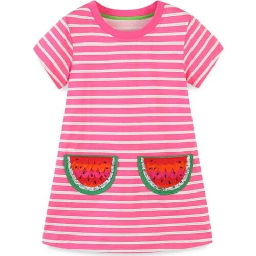 Jumping Meters New Stripe Summer Baby Clothes Watermelon Embroidery Cute Cotton Kids Girls Dresses Childrens Costume