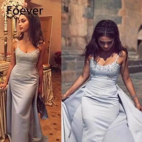 2019 Long Sky Blue Evening Dresse With Spaghetti Straps Lace Appliques Satin Wedding Reception Gowns With Overskirt Short Train