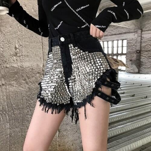 Rivet denim shorts 2019 summer spring women high waist loose tassel jeans shorts