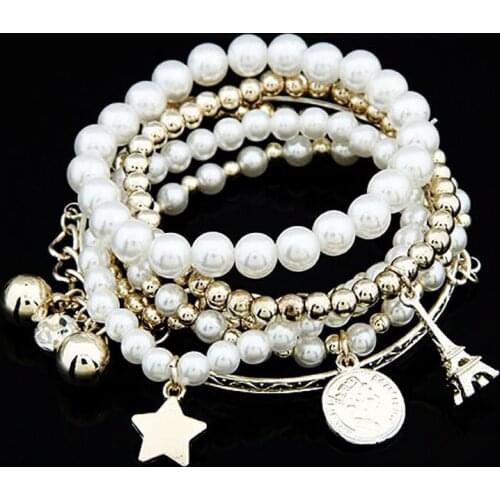 6pcs/set Elastic Multilayer Pearl Beaded Bracelets Silver Gold Color Star Eiffel Tower Charms Bracelet for Women Ladies Girls