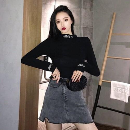 New style embroidery T-shirt womens self-cultivation half-high collar long-sleeved T-shirt womens bottoming shirt