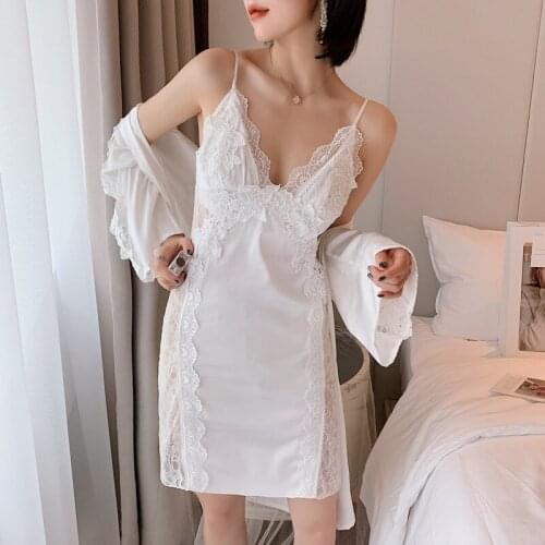 Sexy Satin Lace Ice Silk Robe & Gowns Set Slim Beauty Back Thin V-neck Long Dress Nightdress Sleepwear Bathrobe Sets