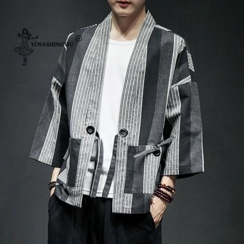 Kimono Cardigan Men Yukata Fashion Cotton Kimono Casual Shirt Jacket Linen Fabric Coat Japanese Kimono Traditional Asian Clothes