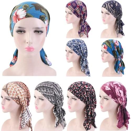 Muslim Women Print Hijab Chemo Cap Turban Pre-Tied Pirate Hat Bandana Cancer Hair Loss Headscarf Head Wrap Stretch Hijabs Cover