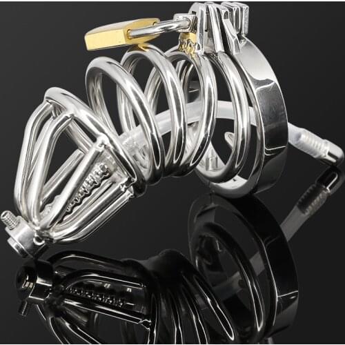 Stainless Steel Male Chastity Device Cock Cage With Steel Catheter Penis Lock Cock Ring Sex Toys For Men Chastity Belt