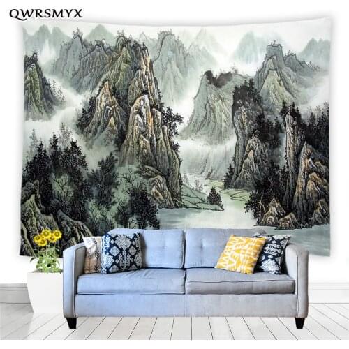 Chinese Ink Landscape Painting Tapestry Wall Hanging Courtyard Balcony Bedroom Dorm Wall Decor Tapestries Home Art Adornment