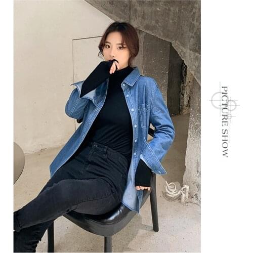 Autumn and winter Korean style Hong Kong style loose denim shirt jacket retro Hong Kong style shirt womens long-sleeved shirt t