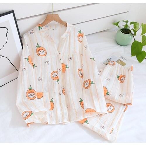 Japanese spring and autumn new style cotton gauze ladies pajamas suit cute long-sleeved trousers pure cotton home service women