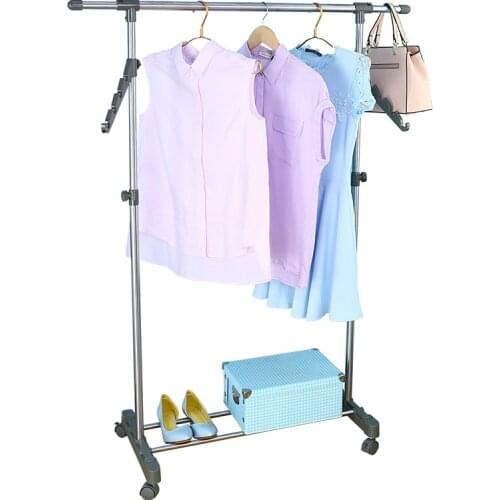 Height Adjustable Length Tension Single Pole Clothes Hat Bag Hanging Rack Garment Rolling Rack with Wheels Shoes Board DQ0057D