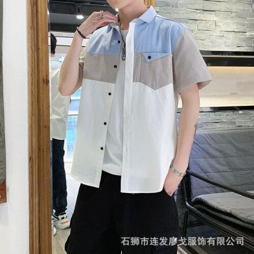 Hot New Summer Casual Patchwork Shirts Men Short Sleeve Korea Style Mens Shirts Slim Button Shirts Homme Turn Down Collar Tops