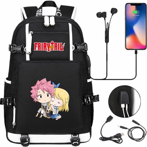 New Kawaii Anime Backpack Fairy Tail USB Boy Girl Book Bag Teenagers Student Schoolbags Women Men Laptop Travel Shoulder Bags